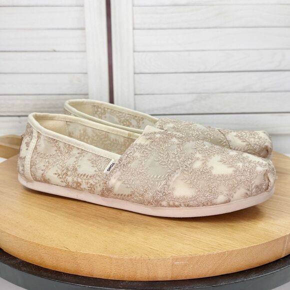 Toms Alpargata Embroidered Hibiscus Lace Slip On Shoes Ivory Metallic Tan 8.5 - Picture 1 of 12